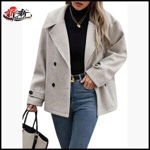 Wool Blend Cropped Pea Coat Double Breasted Loose Fit Blazer Jacket